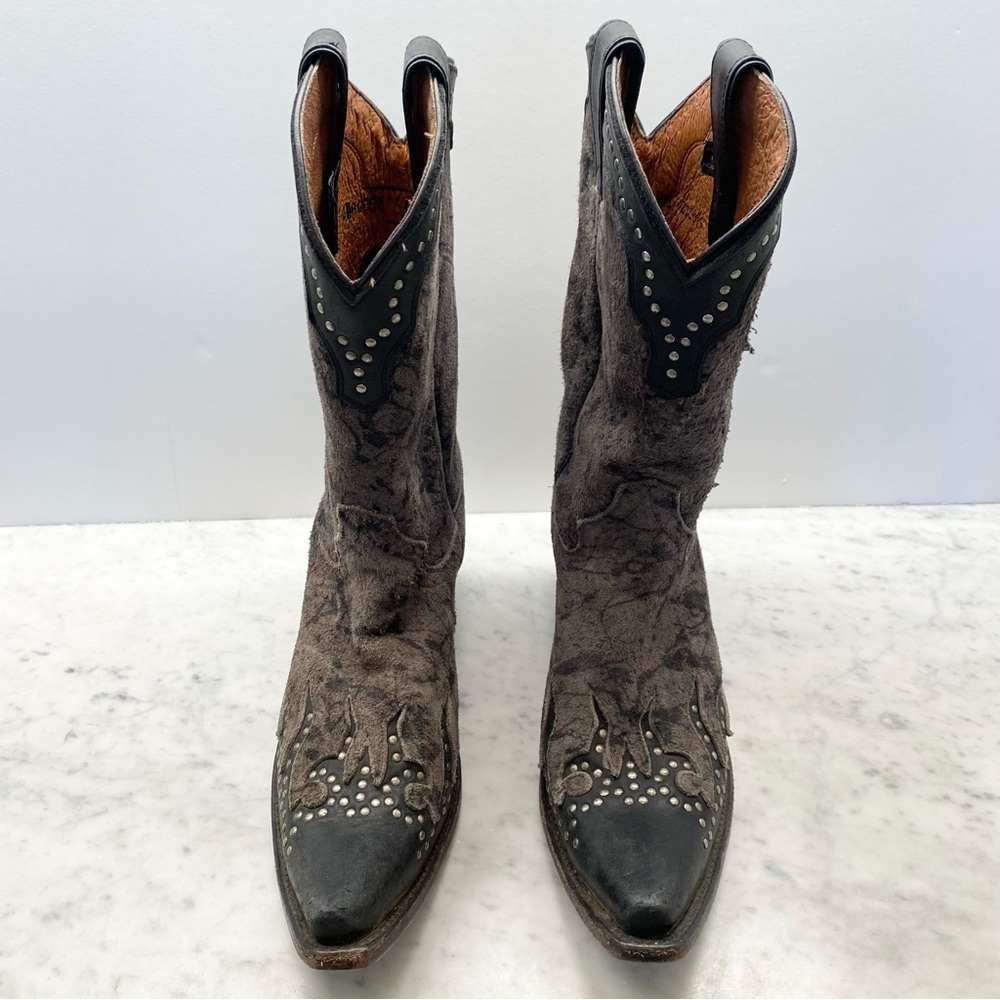 Harley-Davidson Gray Suede Black Leather Flame Studded Tall Cowboy Boots 9.5 - Picture 8 of 9